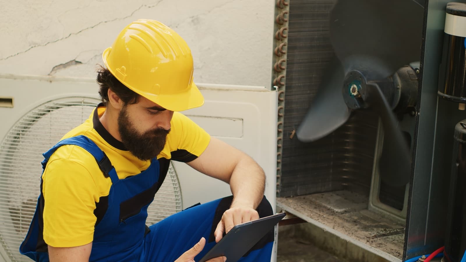 Engineer inspecting an AC blower fan during annual maintenance